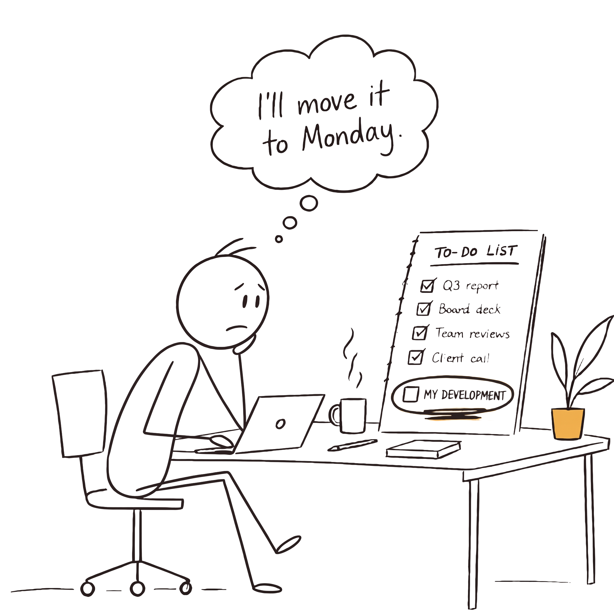 Hand-drawn sketch: a person at a desk beside a flip-chart to-do list where every work task is ticked and 'My development' is circled but unticked, thinking 'I'll move it to Monday.'