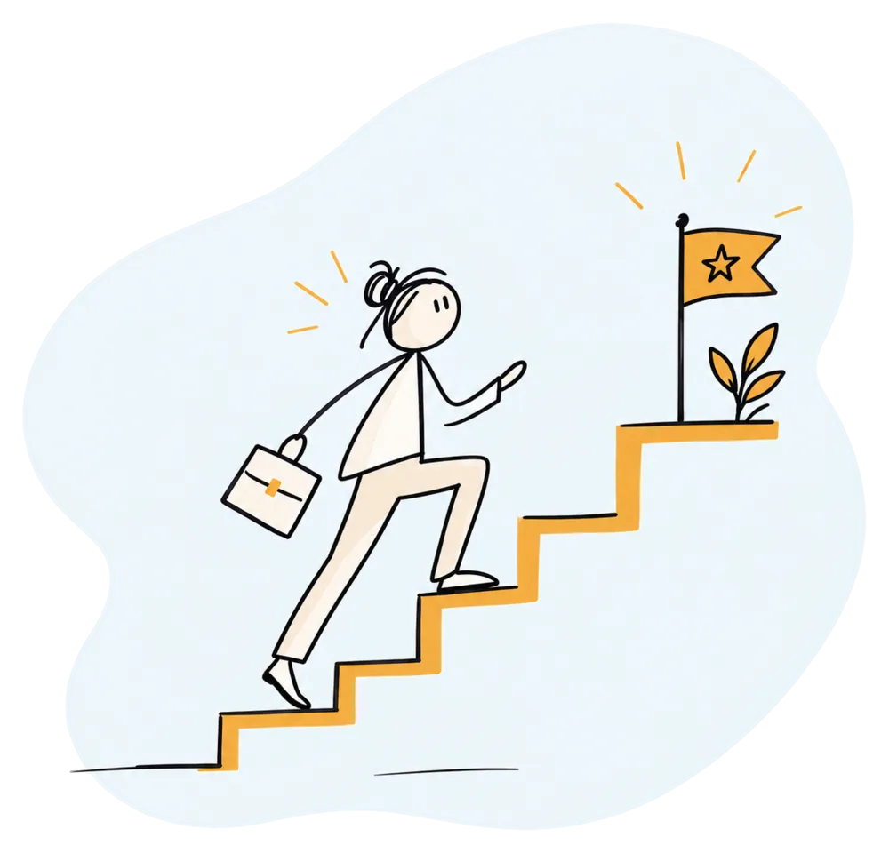 A person carrying a case climbing steps towards a flag